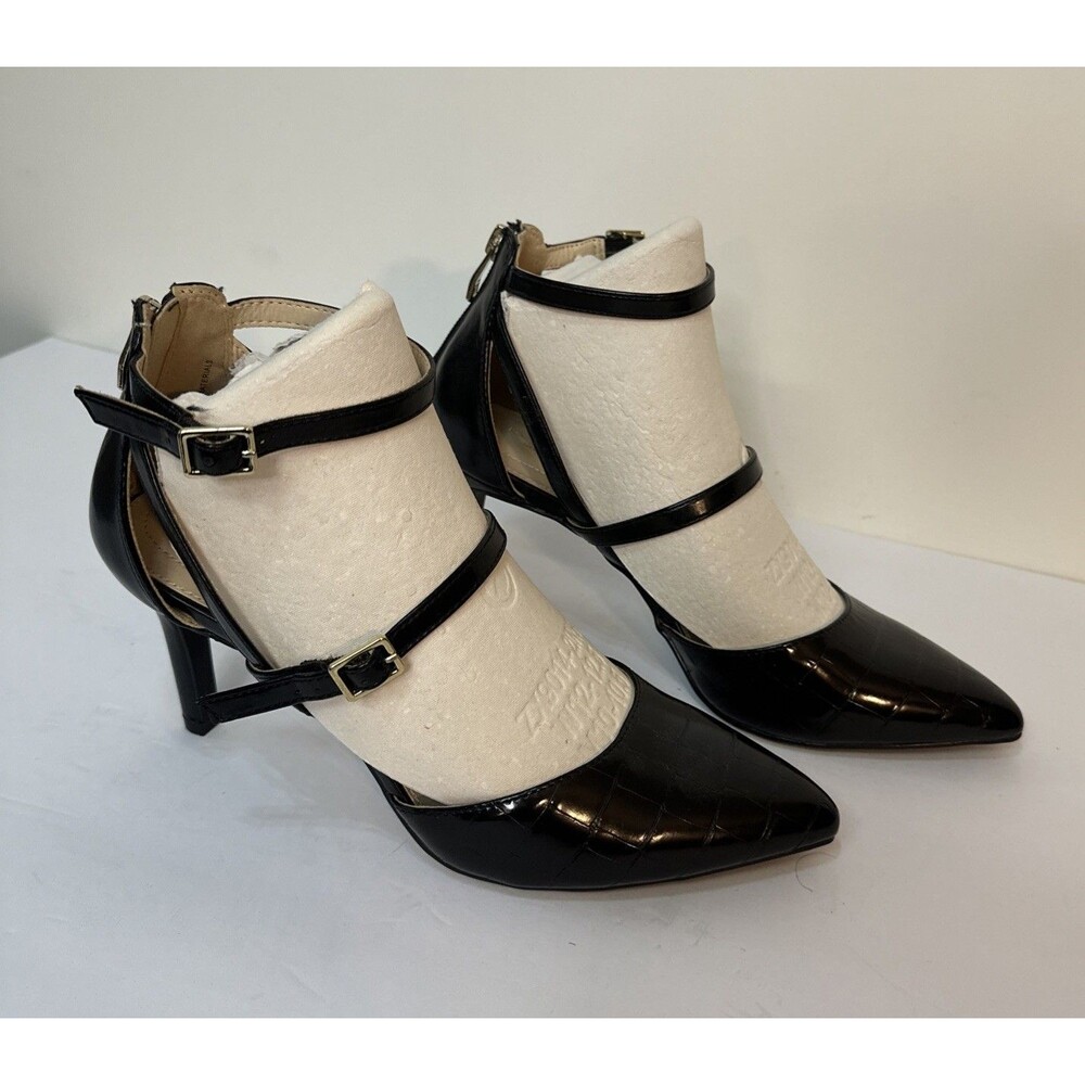 NWOT Liz Claiborne Harvey Black Faux Croc Pointed Toe Stiletto Pumps Sz9M Straps - Picture 2 of 10